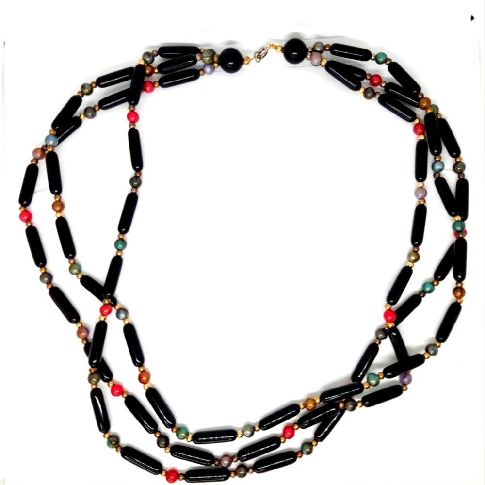 Black Lucite Tube & Faux Satin Pearl Beaded Multi Strand Necklace Vintage